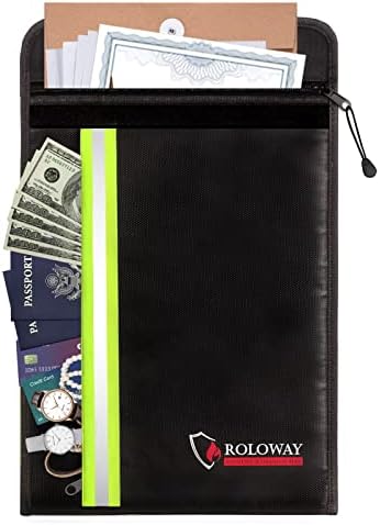 ROLOWAY Fireproof Document Bag (15 x 11 inch) with 2 Pockets & Waterproof Zipper, Fireproof Money Bag, Fire Safe Bag with Reflective Strip, Fireproof Envelope for Cash, Legal Documents Safe (Black)