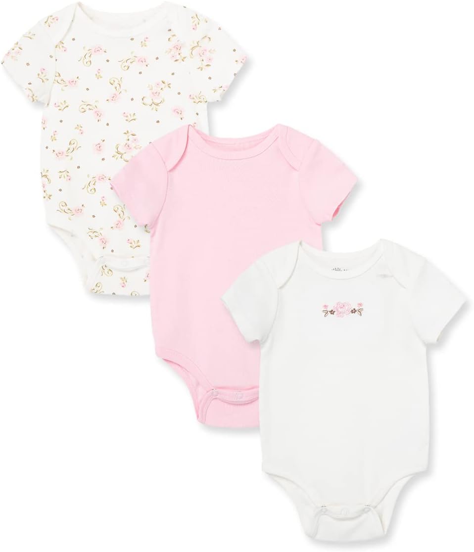 Little Me Clothes for Baby Girls’ 3-Pack 100% Cotton Bodysuits with Full Snap Closures, Baby Essentials, Newborn to 9 Months
