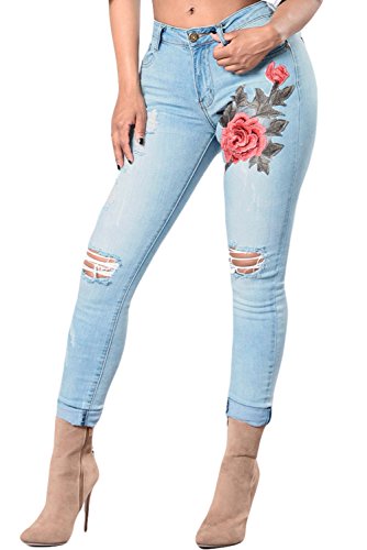Skinny jeans rose broderie pantalon denim femmes style distressed