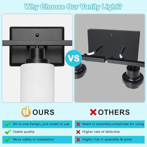 Image of Ascher Bathroom Light Fixtures, 3-Light Vanity Light Over Mirror, Modern Matte Black Wall Sconces with Milky White Shades, Wall Lamp for Kitchen Hallway Cabinet Porch E26 Base