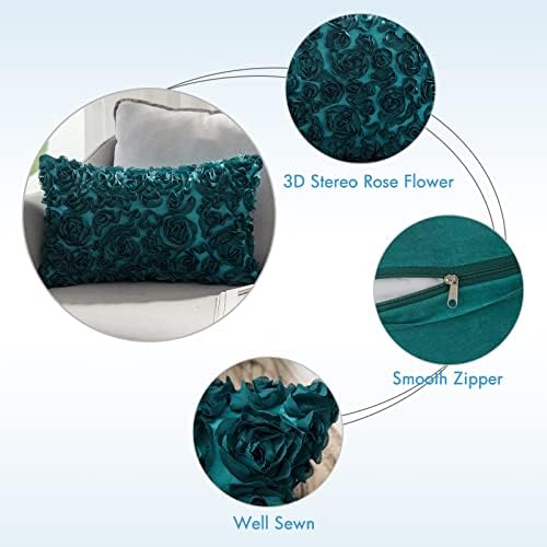 MIULEE 3D Decorative Romantic Stereo Chiffon Rose Flower Pillow Cover Solid Square Pillowcase for Sofa Bedroom Couch 12x20 Inch 30x50cm Turquoise Valentines Day