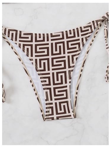 GORGLITTER Women's Floral Print Halter Triangle Bikini Set, 2 Piece, Smocked Tie Side, High Waisted Thong, Brown S - Image 5
