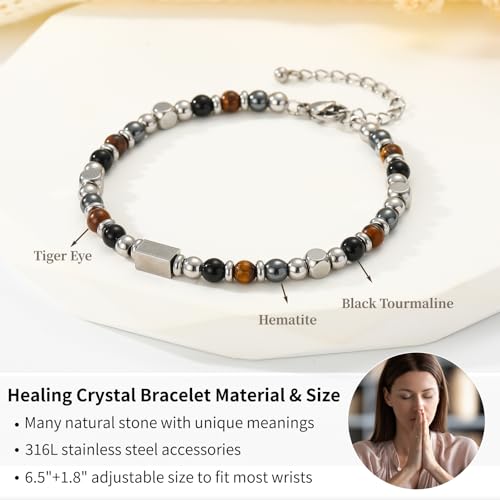 Image of Natural Healing Crystal Bracelet for Women, Triple Protection Anxiety Relief New Beginnings Good Luck Empath Protection Jewelry Gift for Friends Daughter Mom 6.5+1.8 Inches