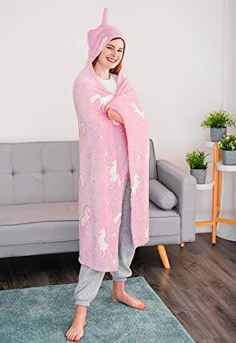 FiNeWaY Glow in The Dark Hooded Throw Blanket Flannel Moon Star Unicorn Gifts for Kids Girls Boys Hoodie Adults Cosy Warm Super Soft Plush Fleece Faux Fur (Unicorn Pink)