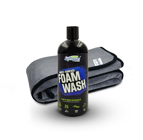 Image of SOFTSPUN Essentials & Car Shampoo Combo | 500 gsm 40X60cm 1 Pc Grey+500mL Car & Bike Premium Liquid Shampoo | Thick Foam, Removes Tough Dirt & Grime | pH Neutral | Works with Bucket & Foam Cannon.