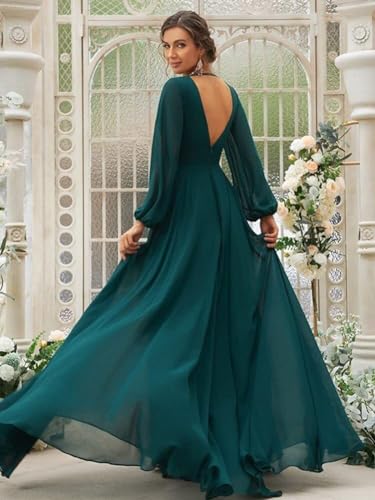 IIF Chiffon Long Sleeve Bridesmaid Dresses for Women Double V Neck A-line Prom Dress with Slit IIF0322