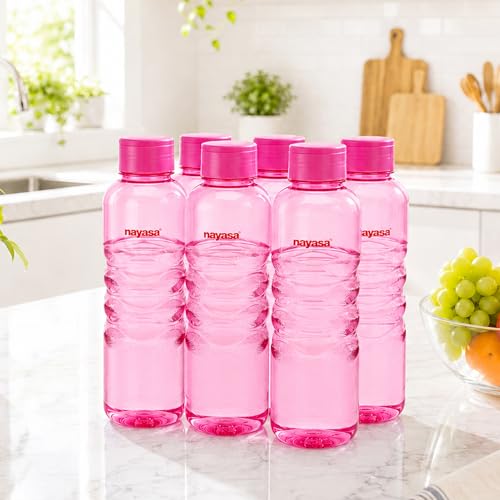Image of Nayasa Revello 1000 ML Pet Plastic Fridge Water Bottles Set of 6 | BPA Free | Leak Proof | Airtight Lid | Pink
