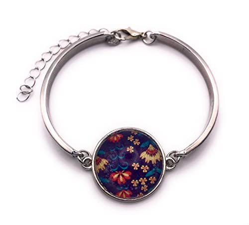 Bracelet fantaisie femme réglable avec cabochon verre fleurs bleu marine