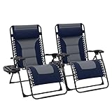 JEAREY Oversized Padded Zero Gravity Chairs Set of 2, Folding Lounge Chair Outdoor Patio Recliner, Anti Gravity Chair for Backyard with Headrest, Cup Holder, Side Tray, Polyester Mesh - Navy/Gray