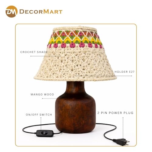 Image of The Decor Mart Crochet Shade Table Lamp with Wooden Base|Sleek Decor Decorative Beside Light for Desk,Bedroom, Living Room, Home Office and Hotel(20x20x30 cm) (White)