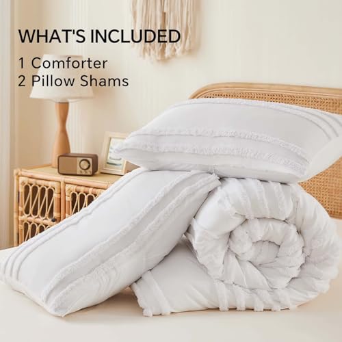 Image of BEDELITE Boho King Size Comforter Set - White Tufted Striped Bed Set 3 Pieces, Soft Vintage Farmhouse Comforter for All Seasons, Boho Home Decor,Fluffy Jacquard Bedding with Pillow Sham