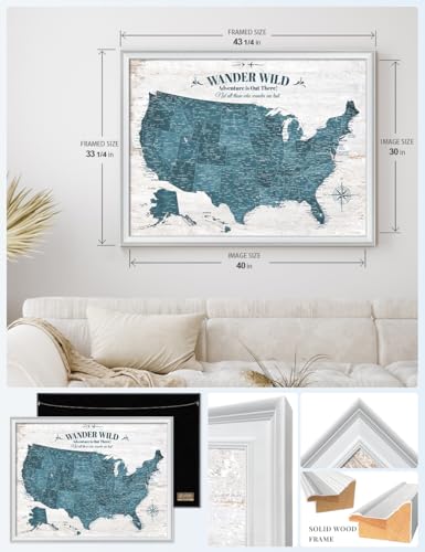 Image of IPIC - Large Custom USA Map Wall Art, Push Pin Map with Custom Names to Track Your Travels, Vintage Teal Framed Canvas Wall Decor for Home, Office or RV, Made in USA