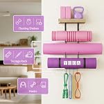 Bikoney Yoga Mat Holder Wall Mount Yoga Mat Storage Home Gym Accessories with Wood Floating Shelf and 4 Hooks for Hanging Foam Roller and Resistance Bands Fitness Home Gym