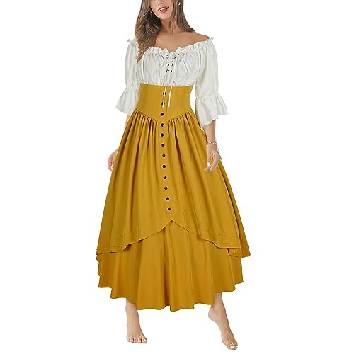 Mingyuezai Women Renaissance Costume Medieval Victorian High Waisted Button Skirt Set