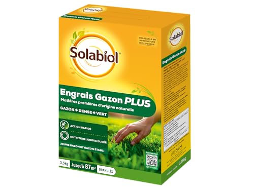 SOLABIOL Engrais Gazon Plus - 3,5 kg - Granulés - Jusqu'à 87m² - Nutrition Longue Durée - Gazon Dense & Vert - Action Rapide - Utilisable En Agriculture Biologique SOGAZPLUS35