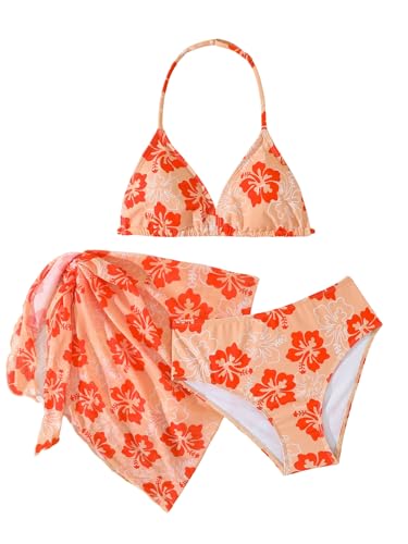 Image of SEGT Girl's 3 Piece Striped Bikini Swimwear Cute Swimsuits Bathing Suit High Waisted with Cover Up Beach Skirt