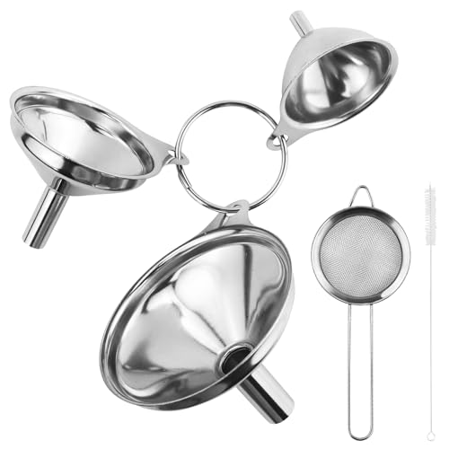 3 Pezzi Imbuti cucina in acciaio inox con 2 spazzole e Rete schermo,3 misure Trasferimento Liquidi Senza Fuoriuscite,Set Imbuti Bocca Larga, Utensili da Cucina in Metallo