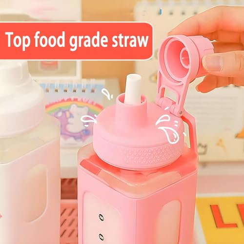 Image of Plastic Kawaii Water Bottle with Straw Cute Large Water Bottles with Kawaii Stickers Aesthetic Leakproof Square Drinking Bottle.700ML (Pink)