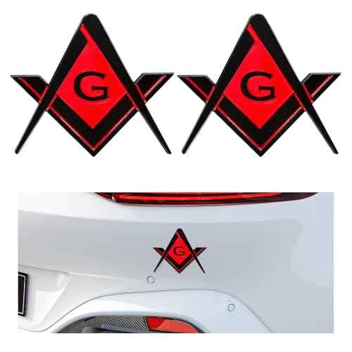 Image of DXNQ 2 PCS Masonic Car Emblem, 2.6 inch Chrome Plated Masonic Emblem Auto Stickers for Freemasons, Metal Mason Square and Compasses Car Decals for Most Vehicles, Car Accessories (Black&Red)
