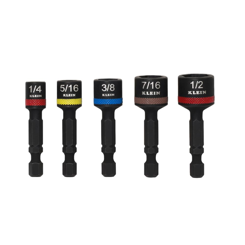 Klein Tools 32925S Nut Setter Set, Magnetic Impact Driver Set, 2-Inch Power Nut Drivers, Color-Coded, SAE, Impact-Rated, 5-Piece