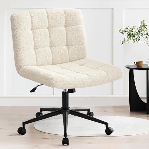 Image of Nutech Decor Armless Office Desk Chair - Linen Fabric Padded Swivel Adjustable Home Office Chair with 360 Wheels, Wide Criss Cross for Desk, Living Room (ND-Sherpa-ivorywhite-Wheel)