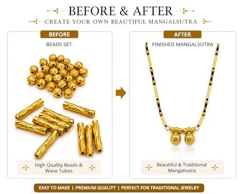 Image of EverSiya 1 Gram Gold Plated Beads for Mangalsutra Making | 4mm Gold Round Beads & Designer Wave Tubes | DIY Jewelry Making Supplies | Traditional Necklace Craft Material for Women