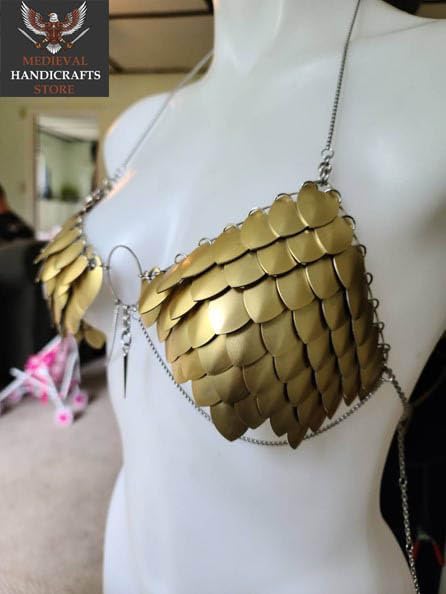 Medieval HANDICRAFTS Store Stylish Scale Mail Armor Bra – Women’s Sexy Wearable Bra Piece for Events Gold