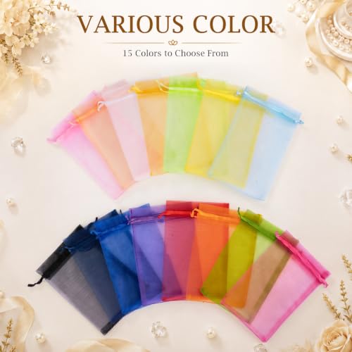 Image of FUNFERY 100PCS Gold Organza Gift Bags 5x7in,Drawstring Pouch for Jewelry