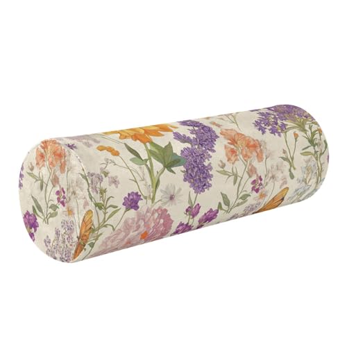 GuoChe Fundas de almohada con diseño de flores otoñales y mariposas, almohada redonda de espuma beige rústica de 5.5 x 17 pulgadas, almohada cilíndrica para cuello, almohada de apoyo para piernas