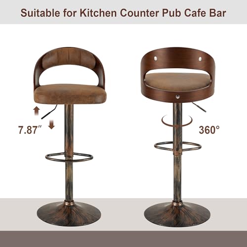 Butaco VECELO, Set de 2 taburetes de bar con respaldo de madera curvada, brazos y reposapiés, rotación 360°, altura ajustable para cocina y bar, asiento acolchado en cuero sintético PU, color marrón oscuro miniatura 6