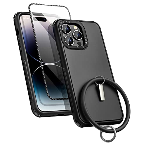 JAKPAK Case for iPhone 14 Pro Case with Screen Protector,Lanyard Wrist Strap Silicone Protective Phone Case,Heavy Duty Full-Body Shockproof Protection for iPhone 14 Pro Case for Women Men 6.1'' Black