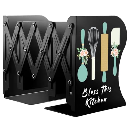 Cookbook bookends, Kitchen bookends, Adjustable Metal Book Ends for Shelves Decorative Unique Design for Heavy Books,Non-Skid Book Holder for Kitchen Housewarming Cooking Lover Gifts (Black 2)