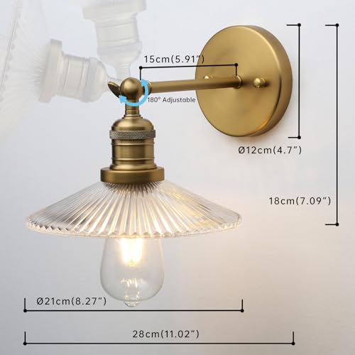 Image of Industrial Vintage Wall Sconce 1-Light with Funnel Ribbed Clear Glass Shade, Indoor Wall Mounted Lamp Fixture for Living Room Bedroom Bathroom Over Kitchen Sink