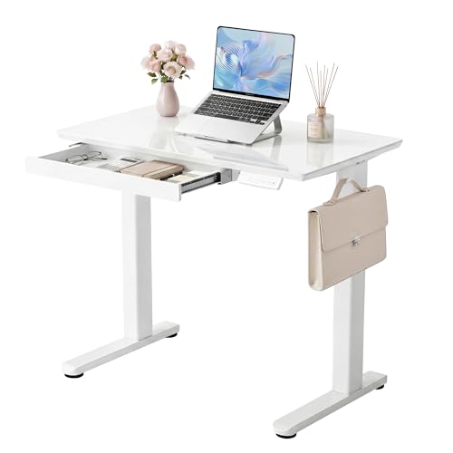 Image of YDN Glass Standing Desk with Drawer, 32 x 19 Inches Electric Adjustable Height Desk, Sit Stand Home Office Desk with Tempered Glass Top, 4 Memory Presets Ergonomic Computer Desk, Super White
