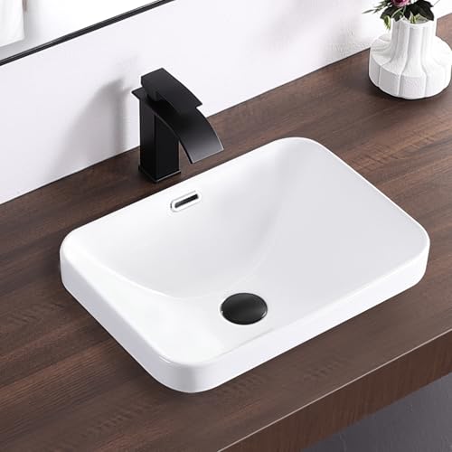 KARAMAG Bathroom Vessel Sink 18.2'' x 13.3'' Semi Recessed Bathroom Sink Rectangular Drop-in Vanity Sink with Overflow White Ceramic Modern Art Basin