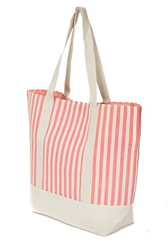 Leisureland Large Water Resistant Canvas Beach Tote Bag (19"x15"x6", Vertical Stripe Coral)3
