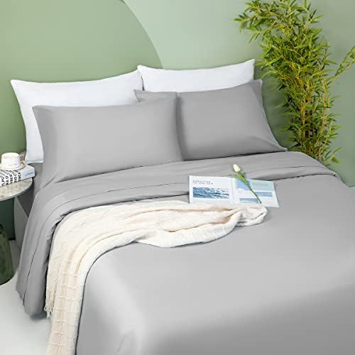 LIANLAM 100% Bamboo_ Sheets - Queen Size Sheets Set 4 Piece ，Cooling Bed Sheets Super Soft Breathable Luxury Sheets 16Inch Deep Pocket - Wrinkle and Hypoallergenic (Grey, Queen)
