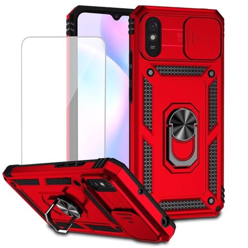 Coque Redmi 9A rouge M2006C3LG avec housse caméra coulissante et verre trempé