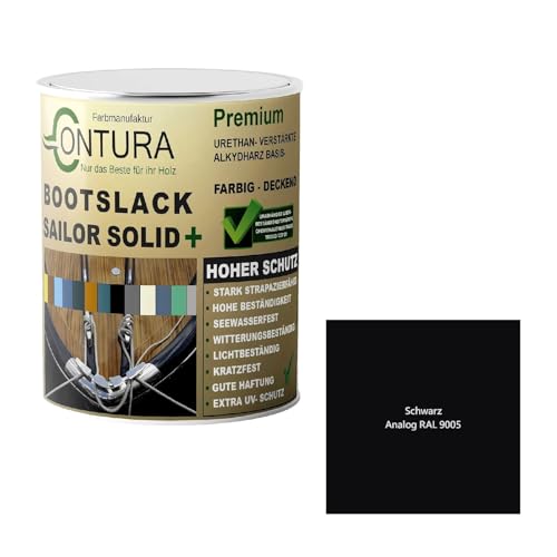 Contura Bootslack Farbig SEIDENMATT Yacht- Buntlack Metall Holz GFK Holzlack Boot Farblos (Schwarz - RAL 9005 Analog, 1 Liter)