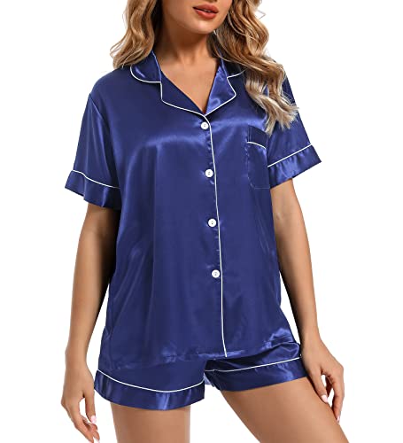 Finvizo Womens Silk Satin Pajamas Set: Soft Short Sleeve Two-Piece Pjs Silky Button-Down Sleepwear Loungewear Shorts Set,Navy Blue M #TOP18