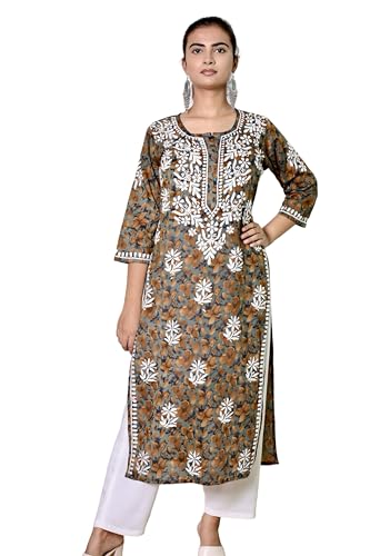 Image of KASANI Hand Embroidery Plus Size Chikankari Kurta for Women Rayon Straight Chikan Kurti