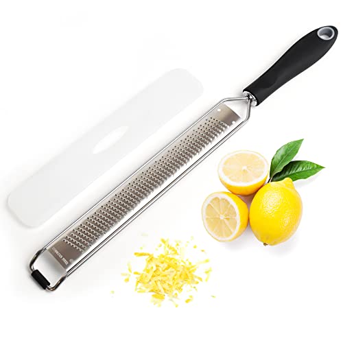 Joeji's Kitchen Lemon Zester Grater - Razor Sharp Stainless Steel Ergonomic Kitchen Tool with Handle & Non-Slip Pad - Versatile for Parmesan, Garlic, Ginger & More