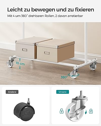 SONGMICS Kleiderständer auf Rollen, Schwerlast-Garderobenständer, ausziehbare Kleiderstange, bis 100 kg belastbar, einfache Montage, transportabel, weiß HSR013W01