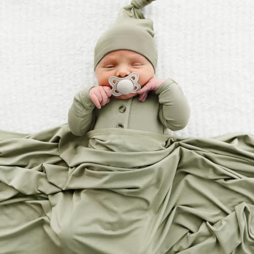 Image of GRSSDER Newborn Swaddle Blanket, Ultra Soft Jersey Receiving Blanket with Matching Headband and Beanie Set, 47x47 inch Extra Large Nursery Swaddle Wrap for Girls and Boys