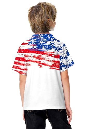 Image of AOBUTE Kids 4th of July Polo American Flag Short Sleeve Button Down Shirts Tops 3-14 Years