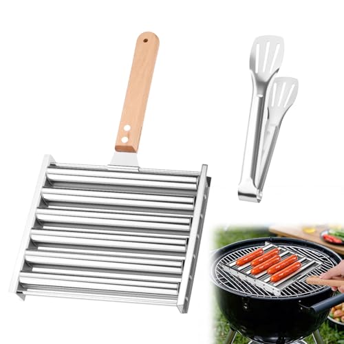 Thatyro 18,3 cm Edelstahl-Hotdog-Roller für Grill mit langem Griff und Metallspatel, Hot Dog-Maschine Rack Herd Maker für Wurstgrill, Outdoor, Camping, 5 Hotdog-Kapazität