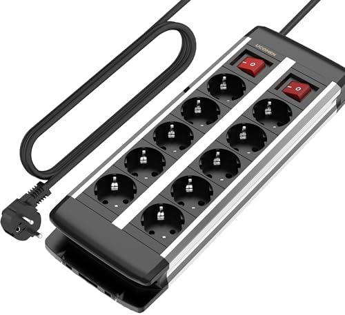 Steckdosenleiste 10-Fach, TÜV/GS Zertifiziert, Wandmontage, 2M Kabel | Jede 5. Steckdose Einzeln Schaltbar, 16A/3680W, Für Heim und Büro