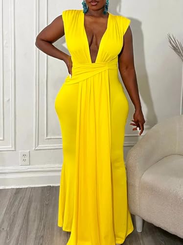 Image of Ekaliy Elegant Bodycon Dresses for Women Deep V Neck Maxi Dress Mermaid Long Dress