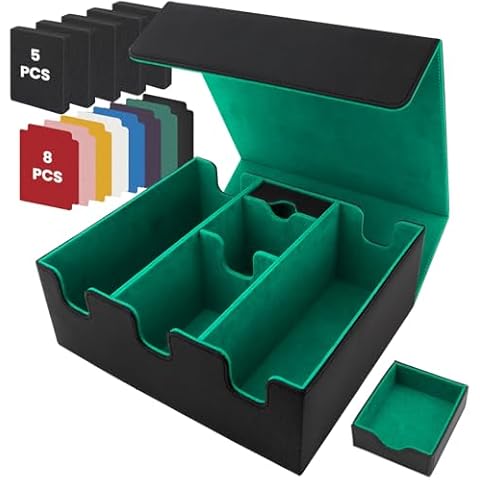 QLOUNI Card Storage Box for Trading Cards, Holds 5 MTG Deck Card Boxes or 2200+ Cards, Leather Magnetic Closure TCG Storage Box for MTG, YuGiOh, Sports Cards, with 13 Card Dividers & Dice Tray Cover