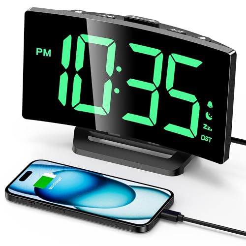 Digital Alarm Clock for Bedroom, Digital Clock with Modern Curved Design, Conspicuous Green LED Numbers, 5 Levels Brightness+Off, 2 Volume, 3 Alarm Tones, Snooze, Power-Off Memory, 12/24H by GOLOZA - Used condition - CA$18.89